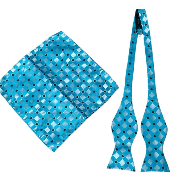 Silk Polka Dot Bow Tie & Pocket Square Handkerchief Set Blue Formal Prom Wedding - Picture 1 of 9